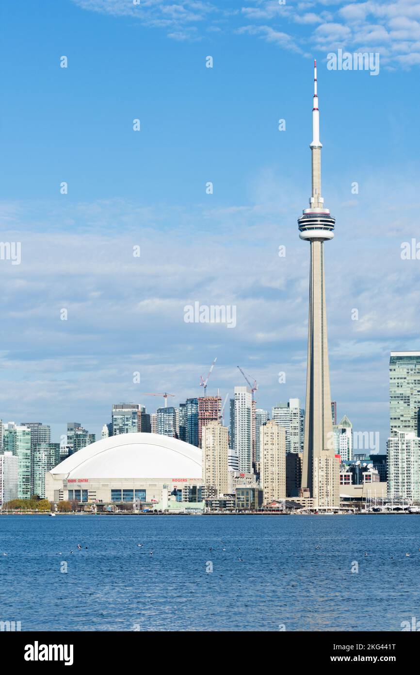 CN Tower e Rogers Centre nel centro di Toronto, Toronto, Canada Foto Stock