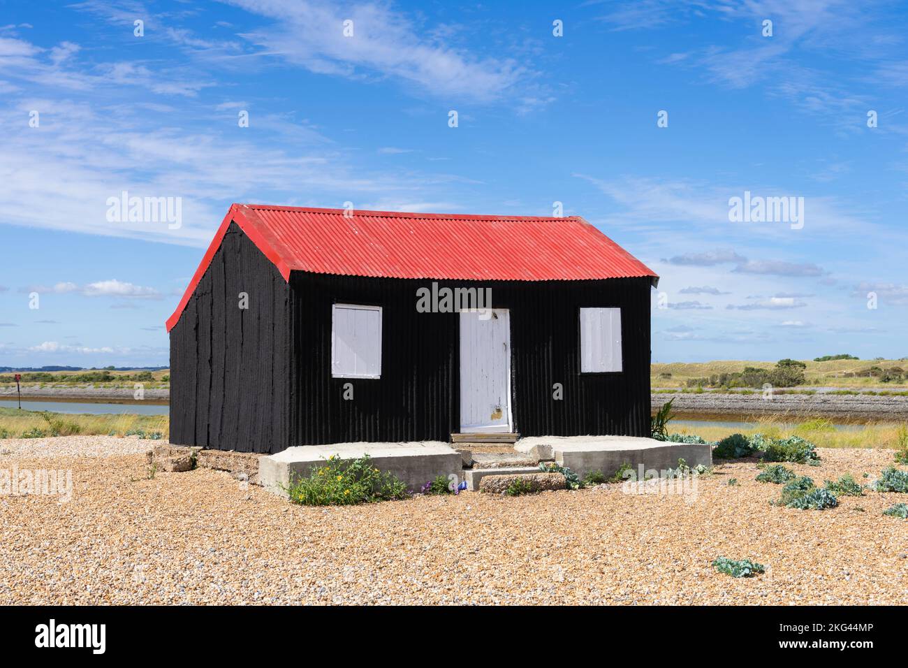 Rye Harbour Nature Reserve Red Roofted Hut Rye Harbour Rye Sussex Inghilterra UK GB Europe Foto Stock
