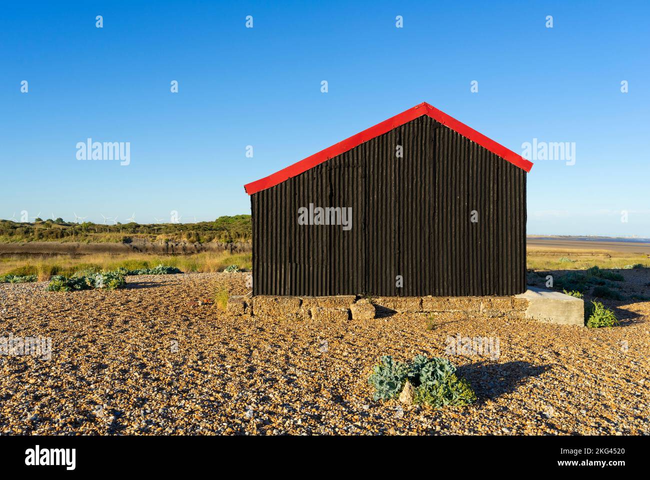 Rye Harbour Nature Reserve Red Roofted Hut Rye Harbour Rye Sussex Inghilterra UK GB Europe Foto Stock