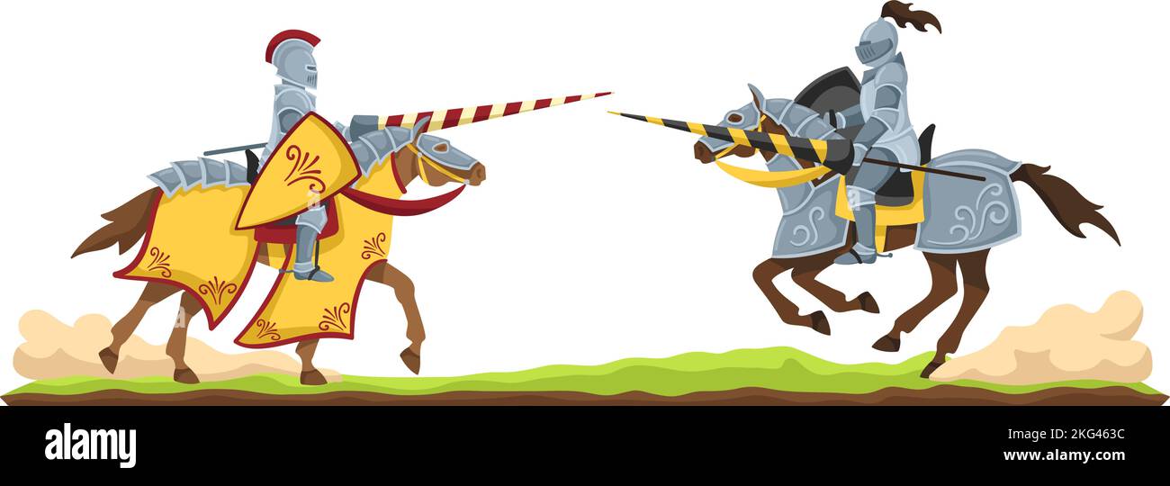 Torneo dei Cavalieri. Cavaliere medievale in armatura a cavallo, cavallo cavalleresco battaglia con due avversari cartone animato illustrazione vettore Illustrazione Vettoriale