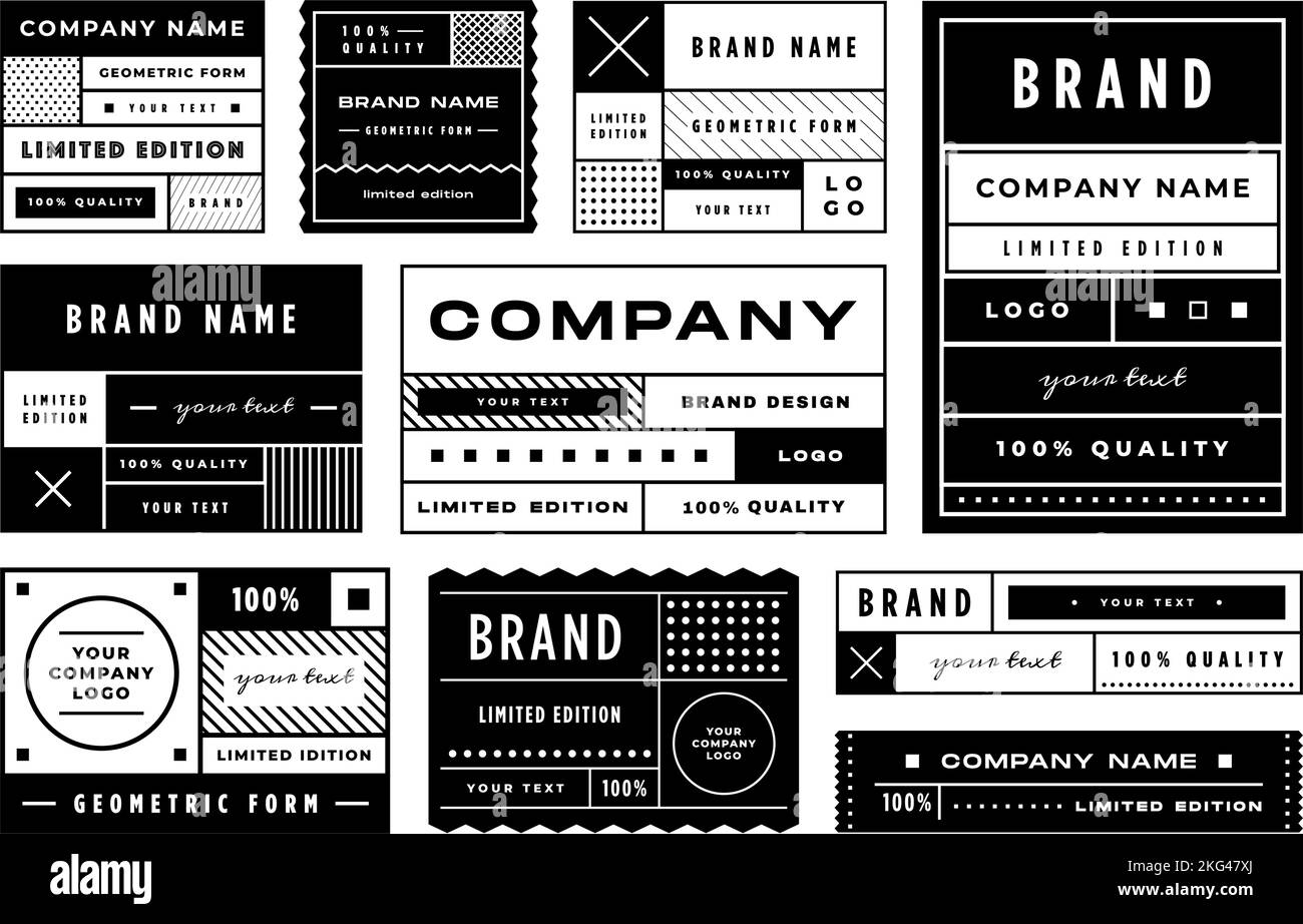 Modello etichetta minimo. Layout geometrico delle etichette, struttura a griglia retrò e set vettoriale per il design degli adesivi con marchio Illustrazione Vettoriale