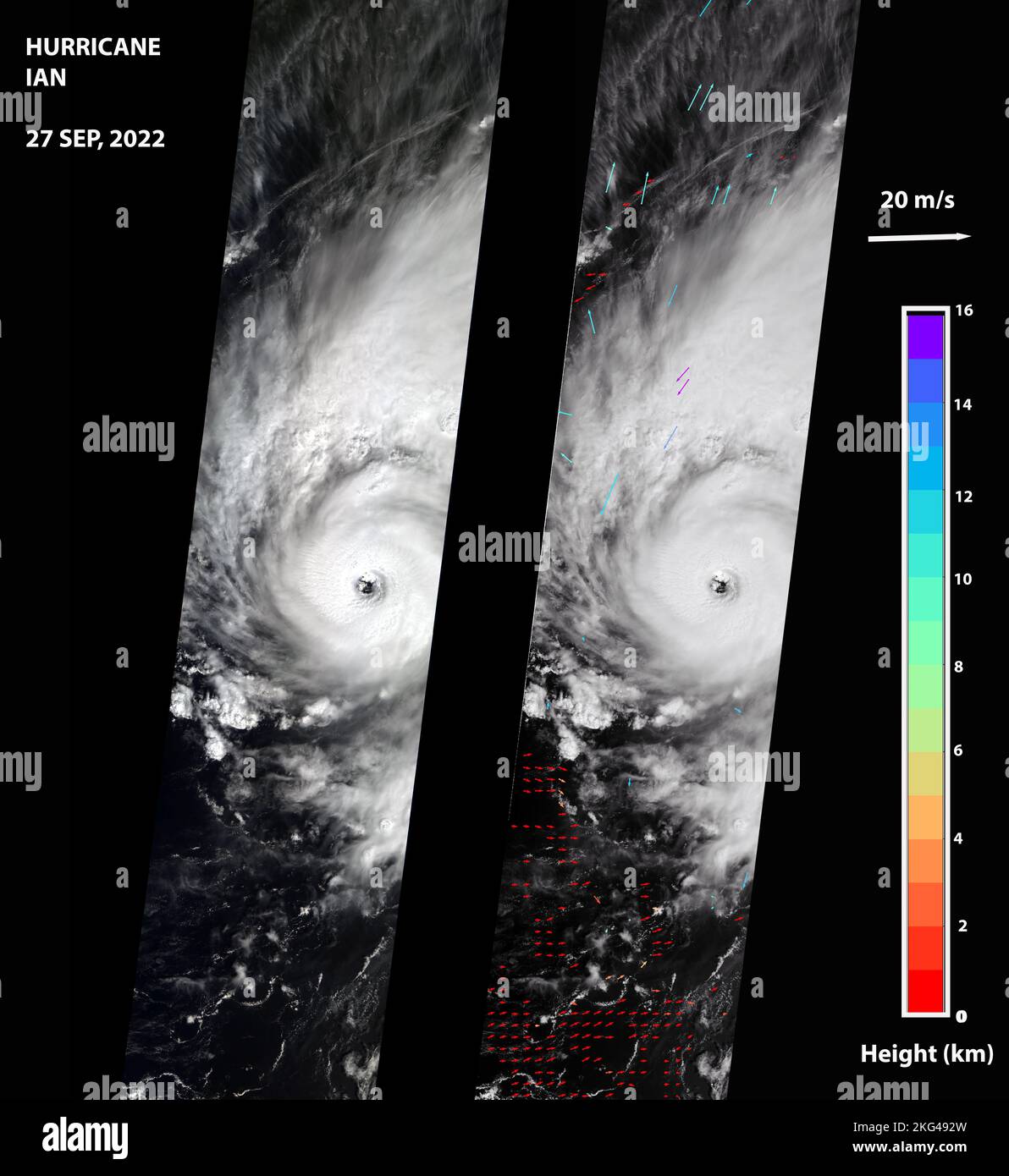 Lo strumento MISR della NASA a bordo della Terra ha catturato immagini ottiche e misurazioni del vento dell'uragano di categoria 3 Ian al largo di Cuba settentrionale il 27 settembre 2022, mostrando il movimento oculare e nuvoloso della tempesta utilizzato per calcolare la velocità del vento sulle cime delle nuvole. Foto Stock
