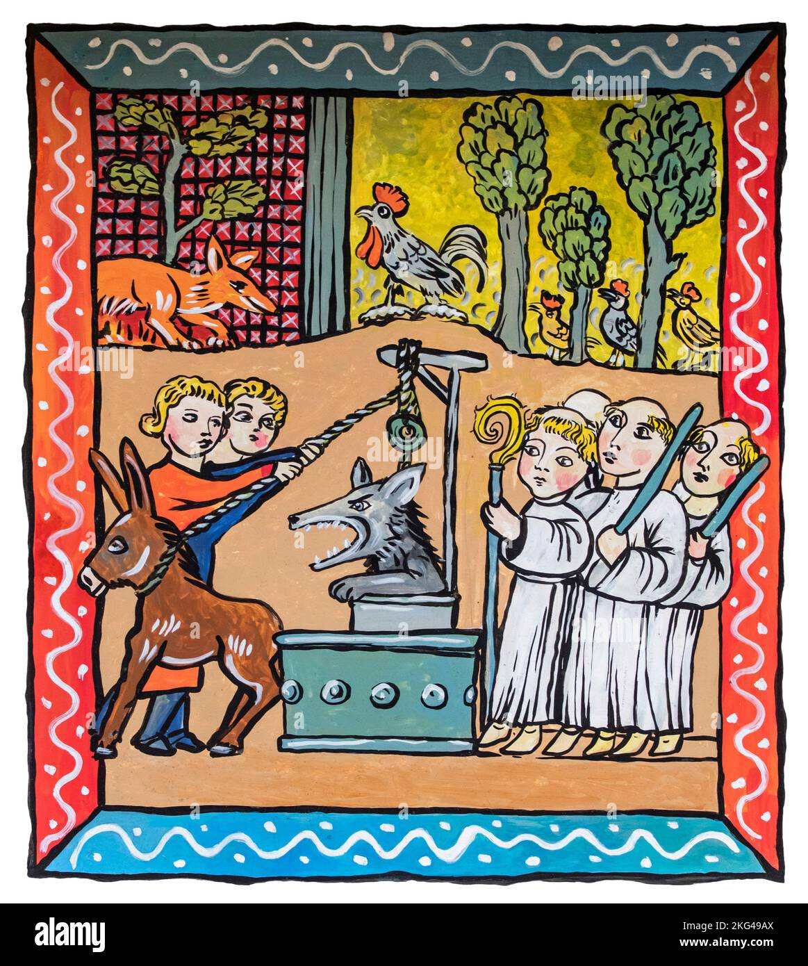 Illustrazione medievale della favola Reynard The Fox che mostra il lupo Isengrarim / Ysengrarim in un pozzo d'acqua Foto Stock