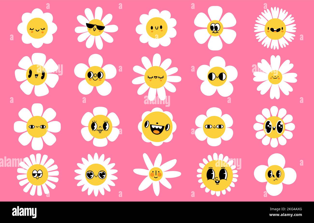 Cartone animato fiori volti. Carattere sorridente con petali, mascotte primaverile faccia con gli occhi e sorriso. Set di vettori di espressioni facciali retro groovy Illustrazione Vettoriale