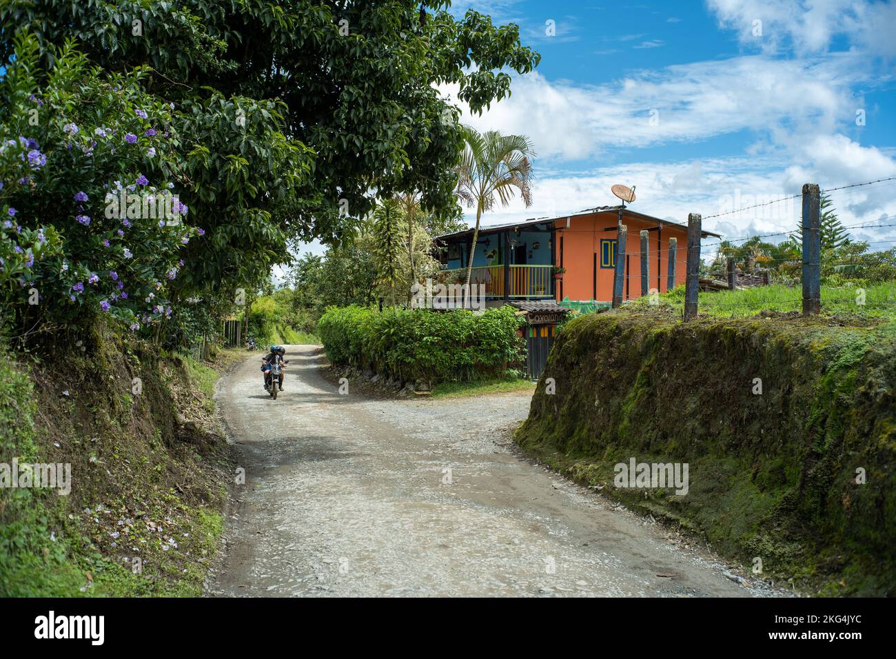 Filandia, Quindio, Colombia - Giugno 6 2022: Una motocicletta che passa attraverso una strada sterrata circondata da molti alberi, piante e una casa arancione Foto Stock