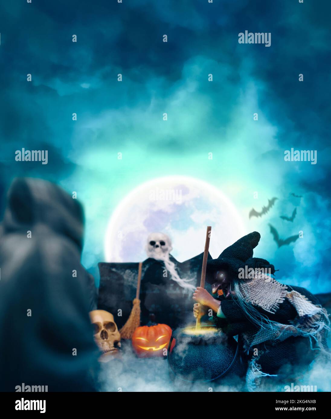 3D illustrazione,Halloween festival concetto di sfondo verticale, la strega è coccting veleno in un cauldron magico, uomini misteriosi e fantasmi di Halloween Foto Stock