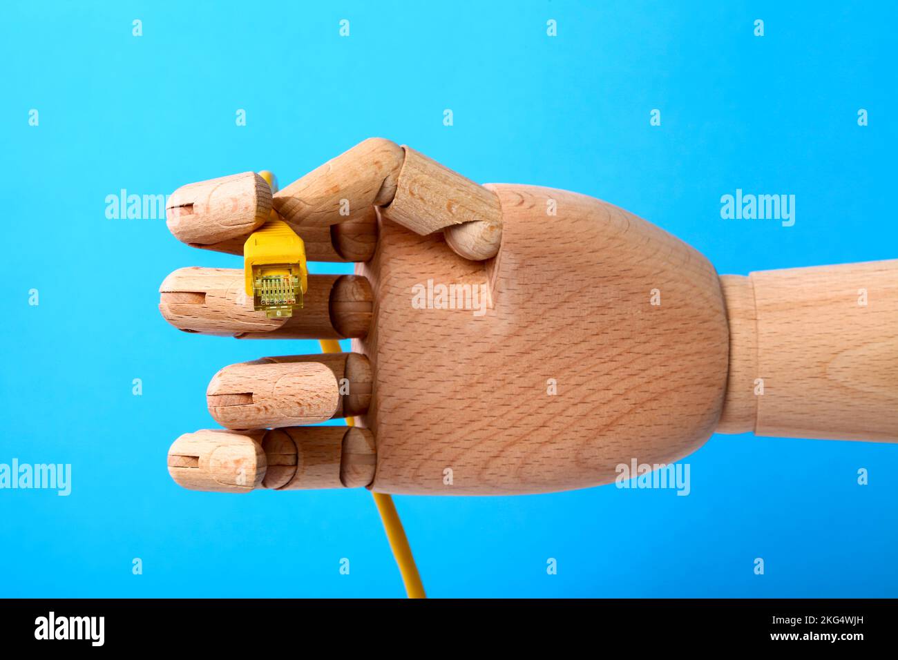 Immagine concettuale di una mano di legno che tiene un cavo patch a banda larga per internet Foto Stock