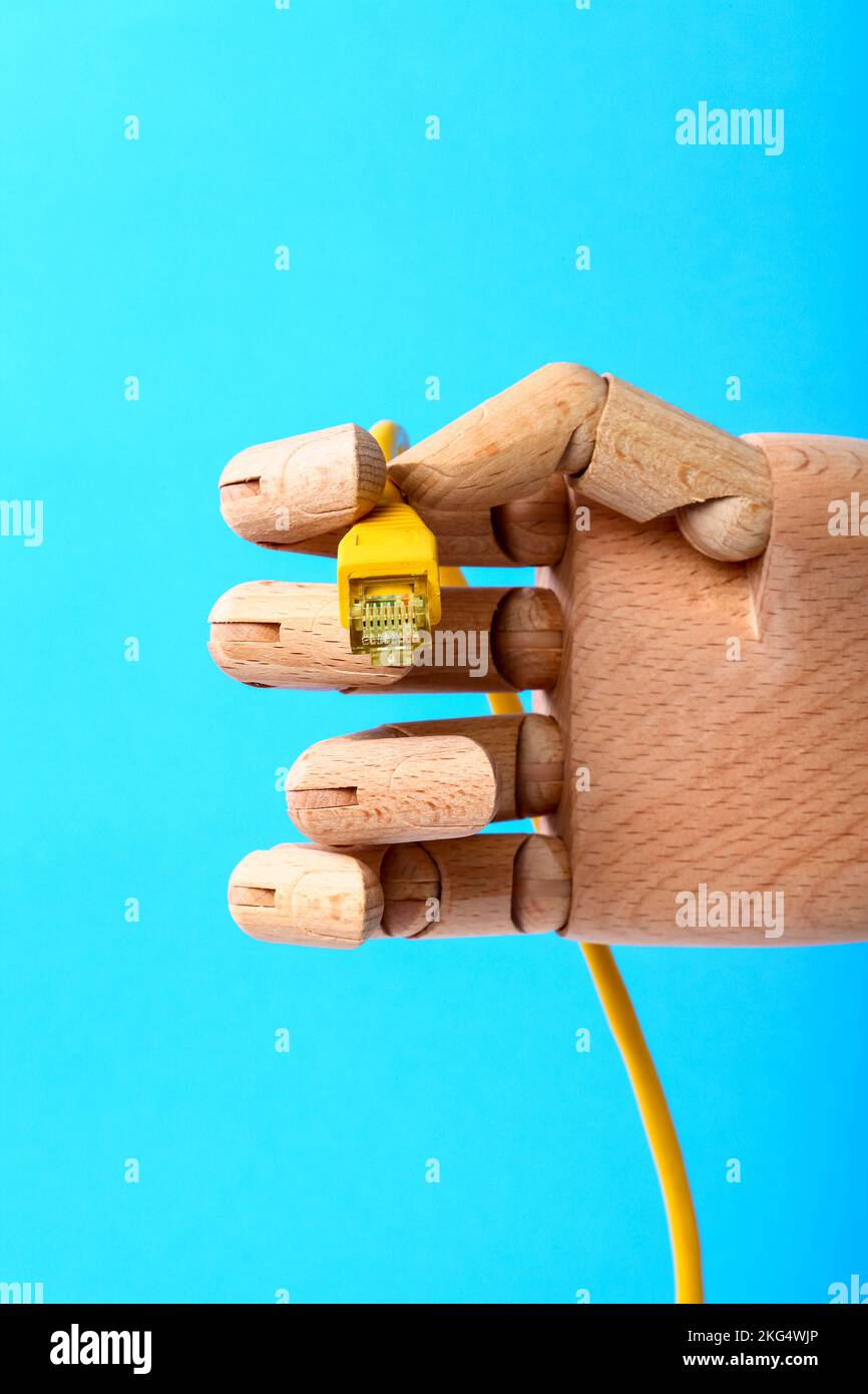 Immagine concettuale di una mano di legno che tiene un cavo patch a banda larga per internet Foto Stock