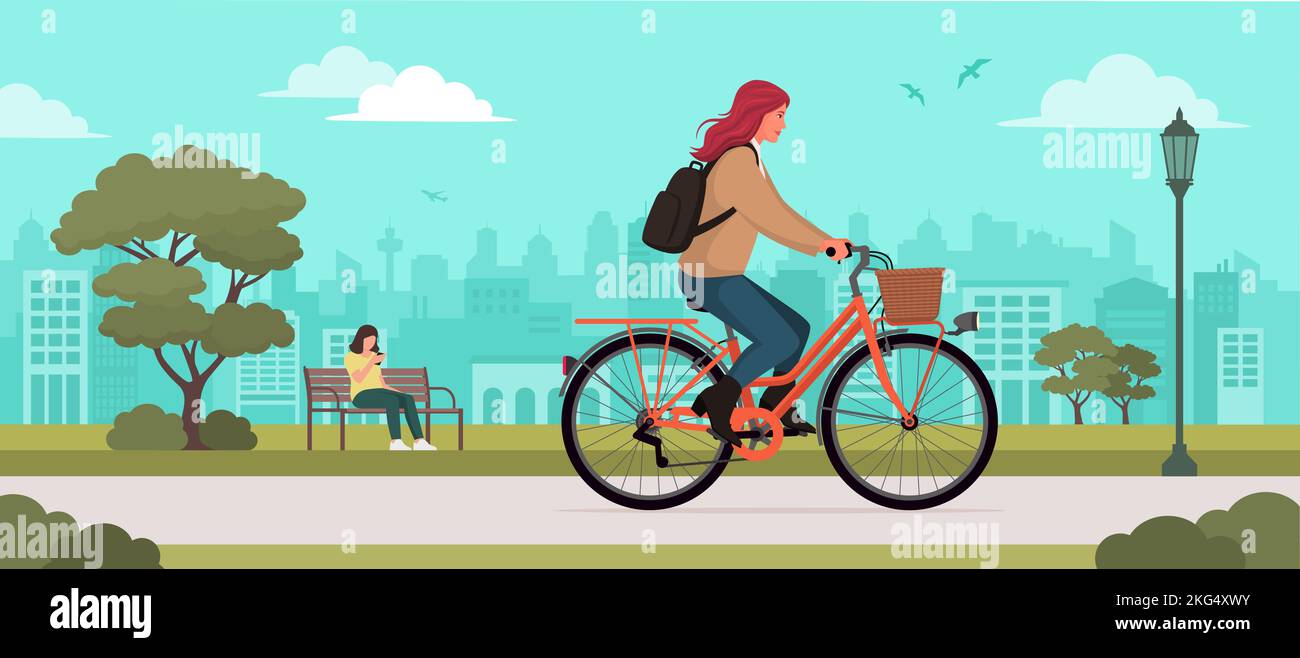 Donna alla moda in bicicletta al parco, trasporto e concetto di stile di vita Illustrazione Vettoriale