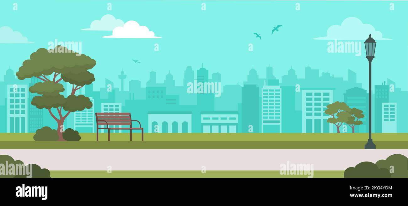Parco urbano con skyline della città sullo sfondo Illustrazione Vettoriale