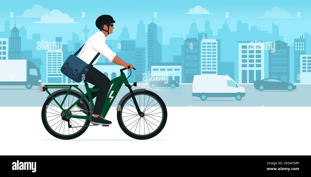 Uomo che guida una bici elettrica eco-friendly nella strada della città, concetto di mobilità sostenibile Illustrazione Vettoriale