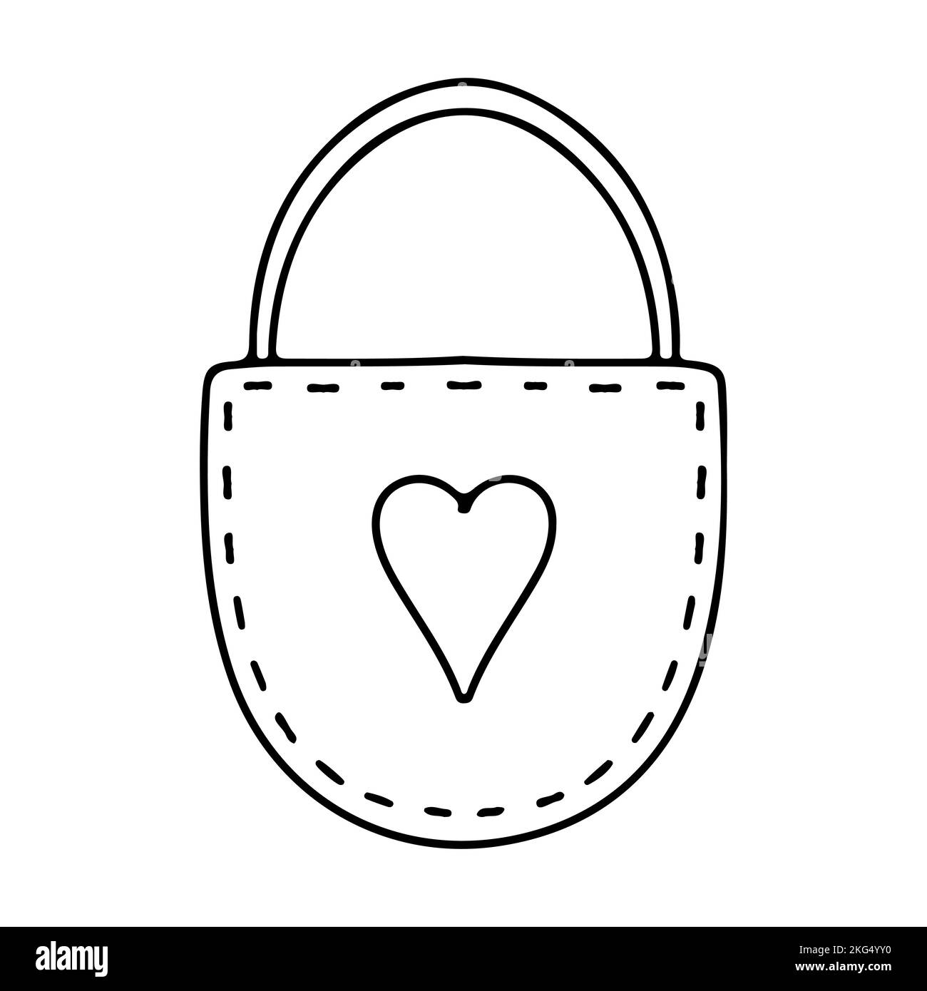 Lucchetto con foro a forma di cuore in stile doodle disegnato a mano. Icona dell'elemento di San Valentino sull'illustrazione vettoriale di sfondo bianco Illustrazione Vettoriale