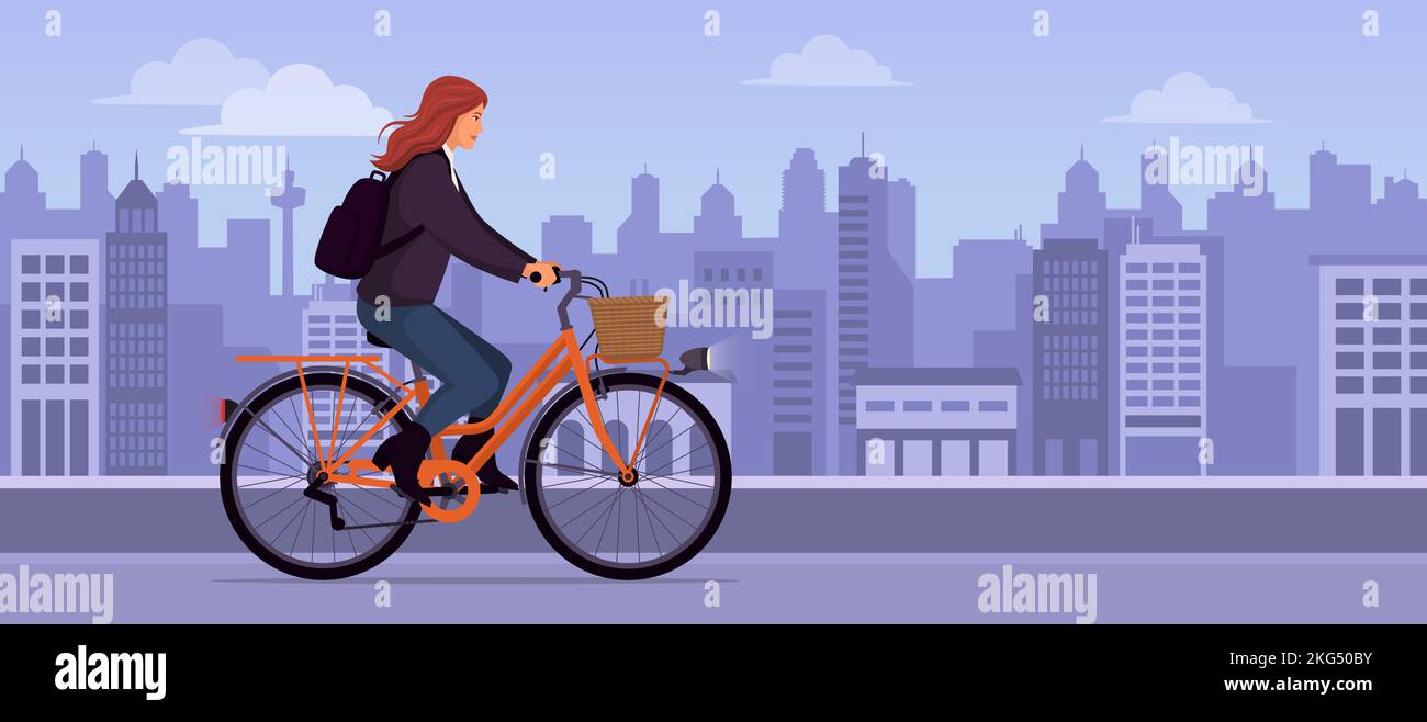 Donna alla moda in bicicletta in città strada, trasporto e concetto di stile di vita Illustrazione Vettoriale