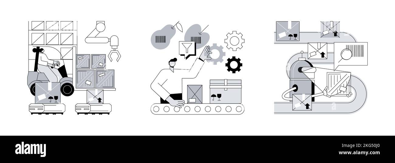 Set di illustrazioni vettoriali di concetto astratto dei pacchi di ordinamento. Robotica di magazzino, sistemi di smistamento, scansione di codici a barre, carrello elevatore a forche, stoccaggio di merci, Trasportatore, elaborazione degli ordini, metafora astratta del lettore QR. Illustrazione Vettoriale