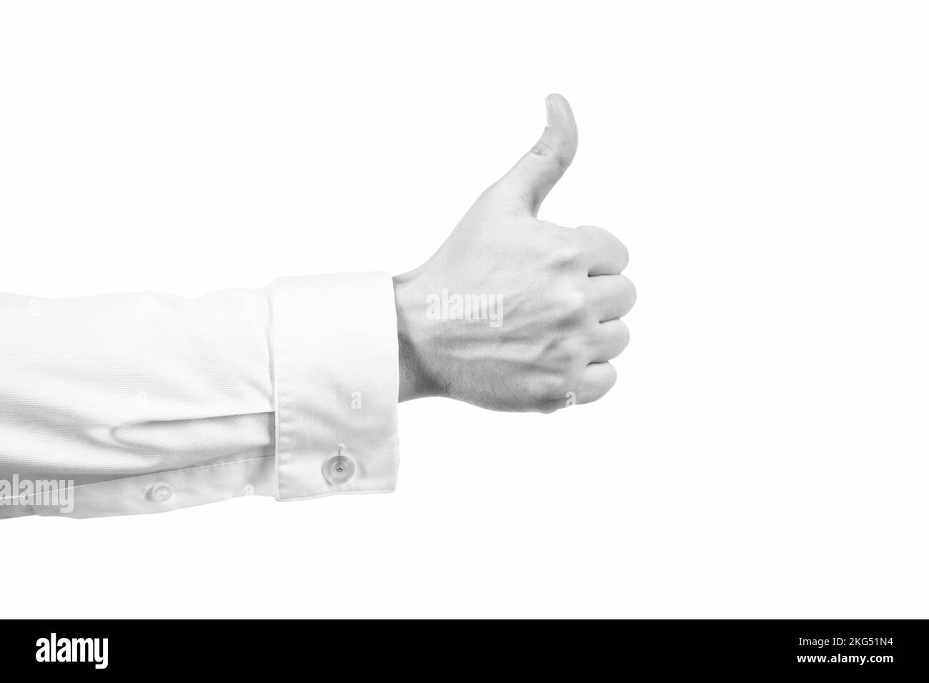 gesto di approvazione del pollice su con mano maschio isolato su bianco, avvicinamento Foto Stock
