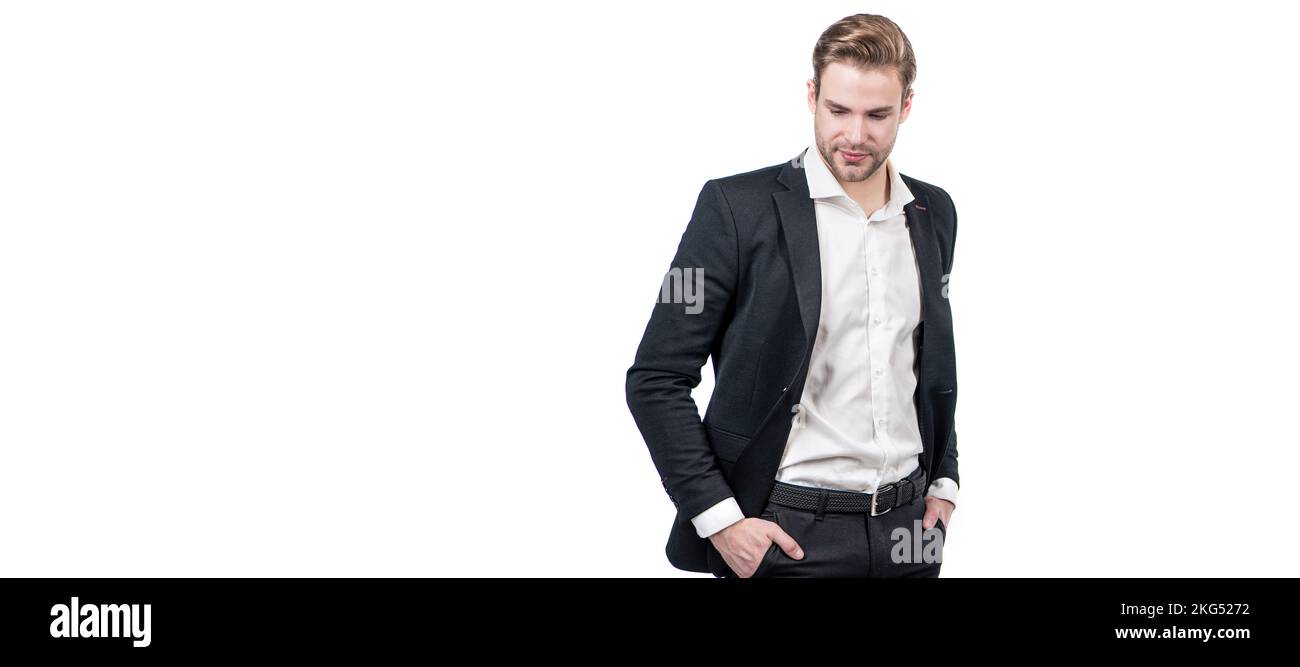 Uomo volto ritratto, banner con spazio copia. gli uomini del capo e dei dipendenti sono uomini d'affari esecutivi e uomini d'affari, professione professionale. Foto Stock