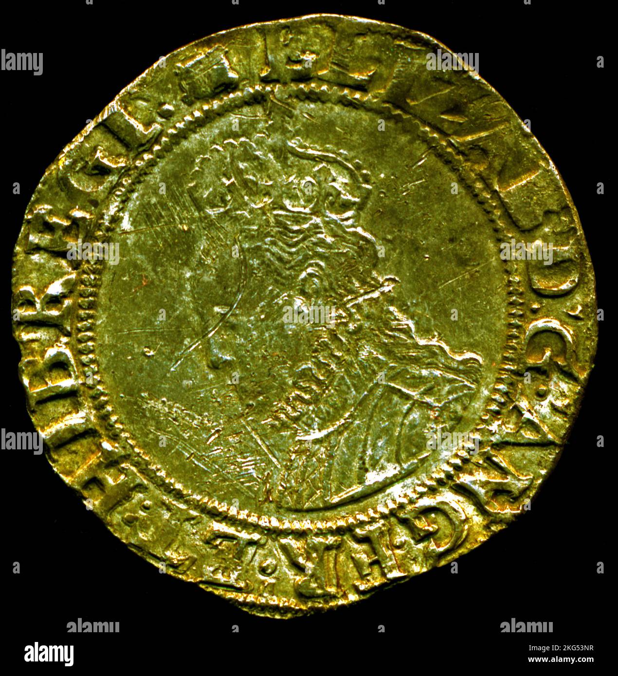 Moneta inglese d'argento, scellino, regno della regina Elisabetta 1st, datata 1594-1596, metal detecting find Foto Stock
