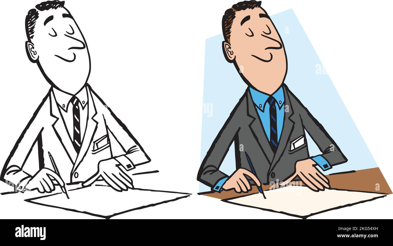 Un cartoon retrò vintage di un uomo d'affari che firma un giornale alla sua scrivania. Illustrazione Vettoriale