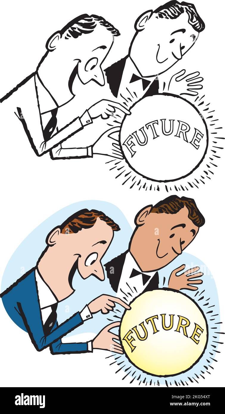 Un cartoon retrò vintage di un paio di uomini d'affari che sbircia in una palla di cristallo per prevedere il futuro. Illustrazione Vettoriale