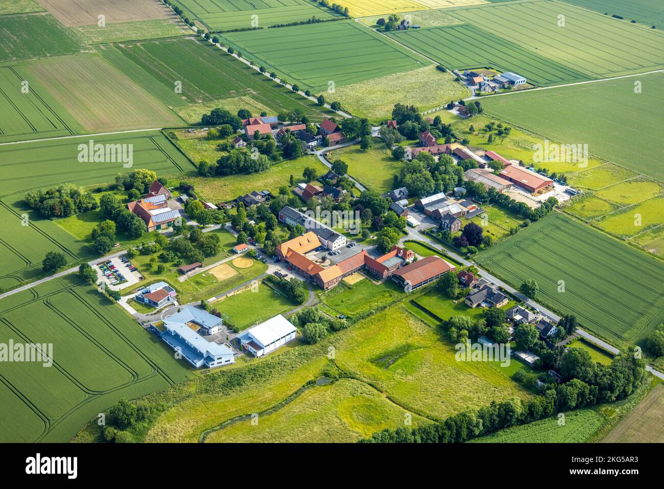 Vista aerea, Strüverhof strutture per bambini e giovani, allevamento di cavalli Hermann Ostermann, scuola am Adelwald, Rhynern, Hamm, Ruhr, Nord Reno-Wes Foto Stock