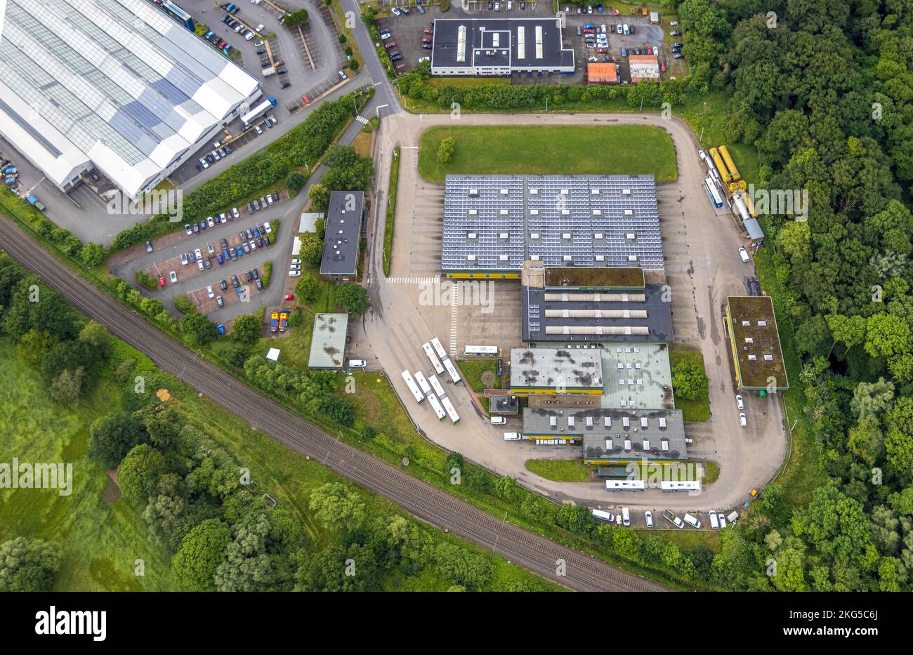 Veduta aerea, Stadtwerke Hamm Verkehrsbetriebe con tetto solare, Kampshege, Rhynern, Hamm, Ruhr, Renania settentrionale-Vestfalia, Germania, DE, Europa, Aeria Foto Stock
