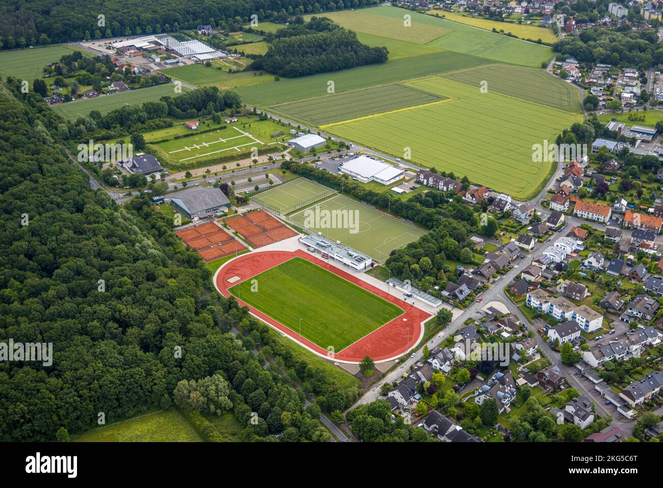 Vista aerea, cantiere nuovo campo sportivo presso l'impianto sportivo HSC, Hammer Sportclub, tra Hubert-Westermeier-Straße e in der Fuchshöhle, Foto Stock