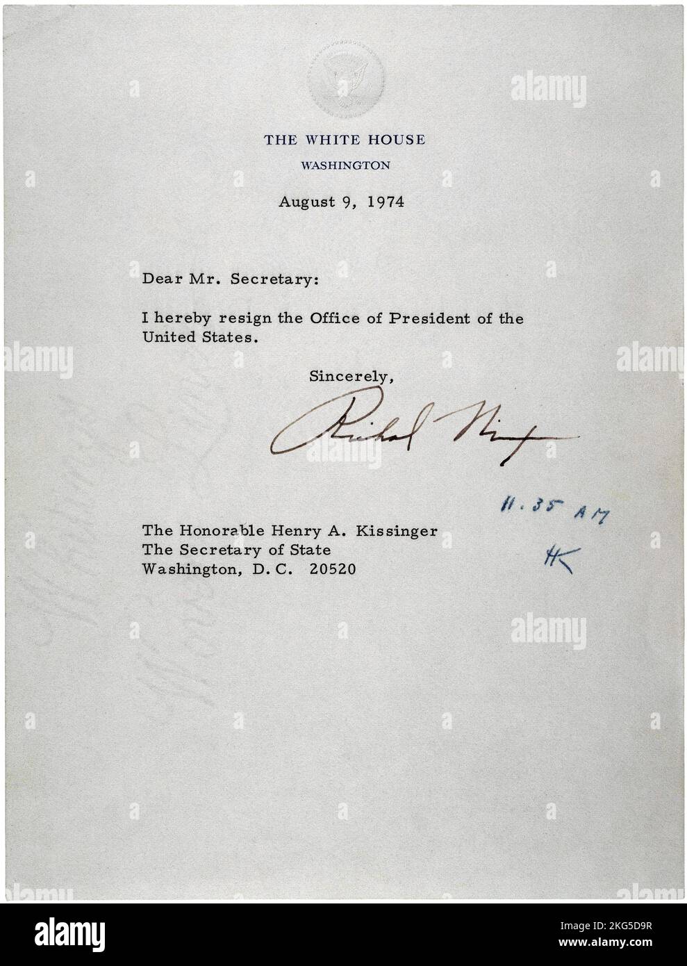 Lettera di dimissioni di Nixon, 9 agosto 1974. Foto Stock