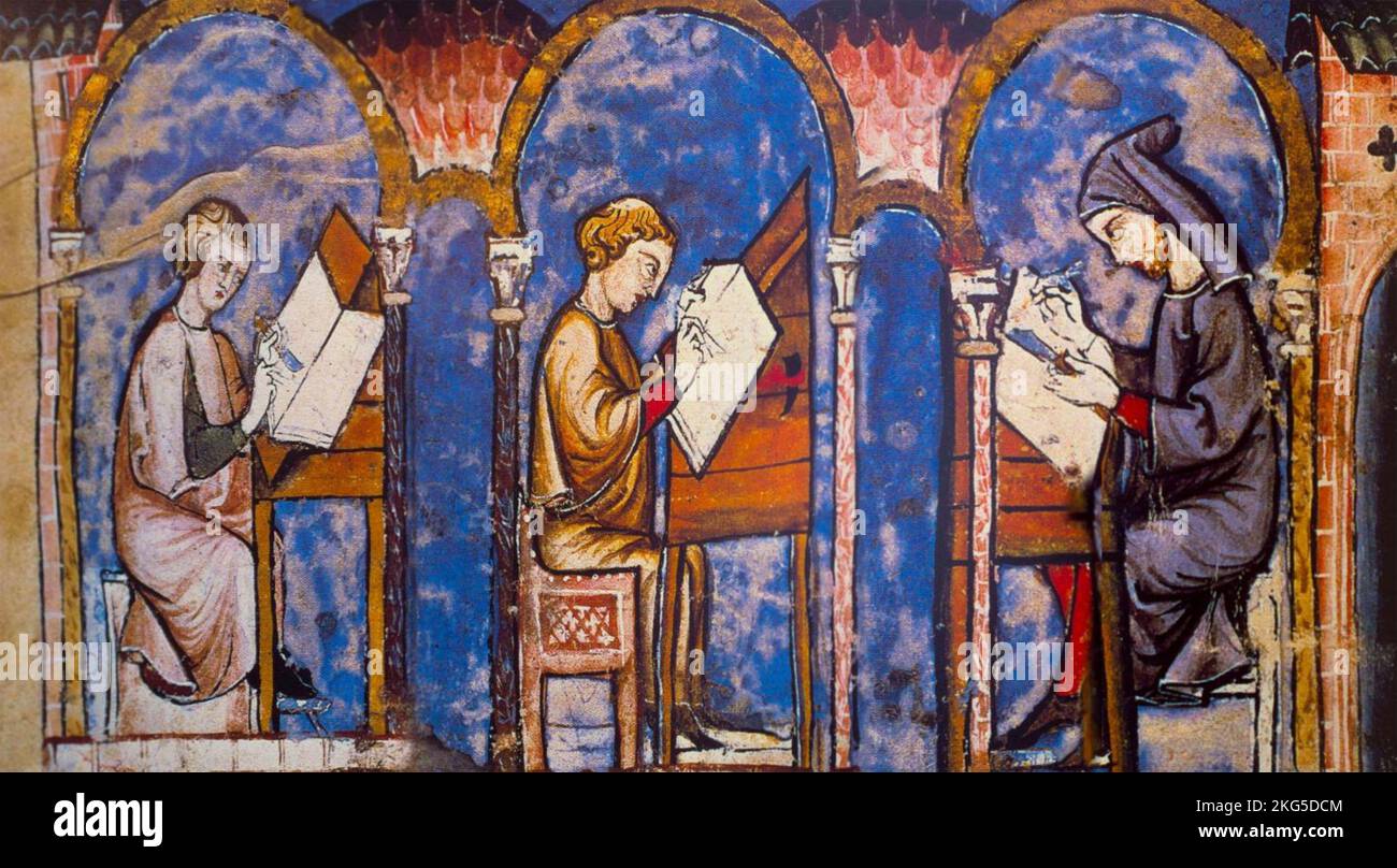 SCRIBI MEDIEVALI. Un manoscritto spagnolo del 1283 preparato per Alfonso X che mostra i monaci all'opera in uno scriptorium Foto Stock