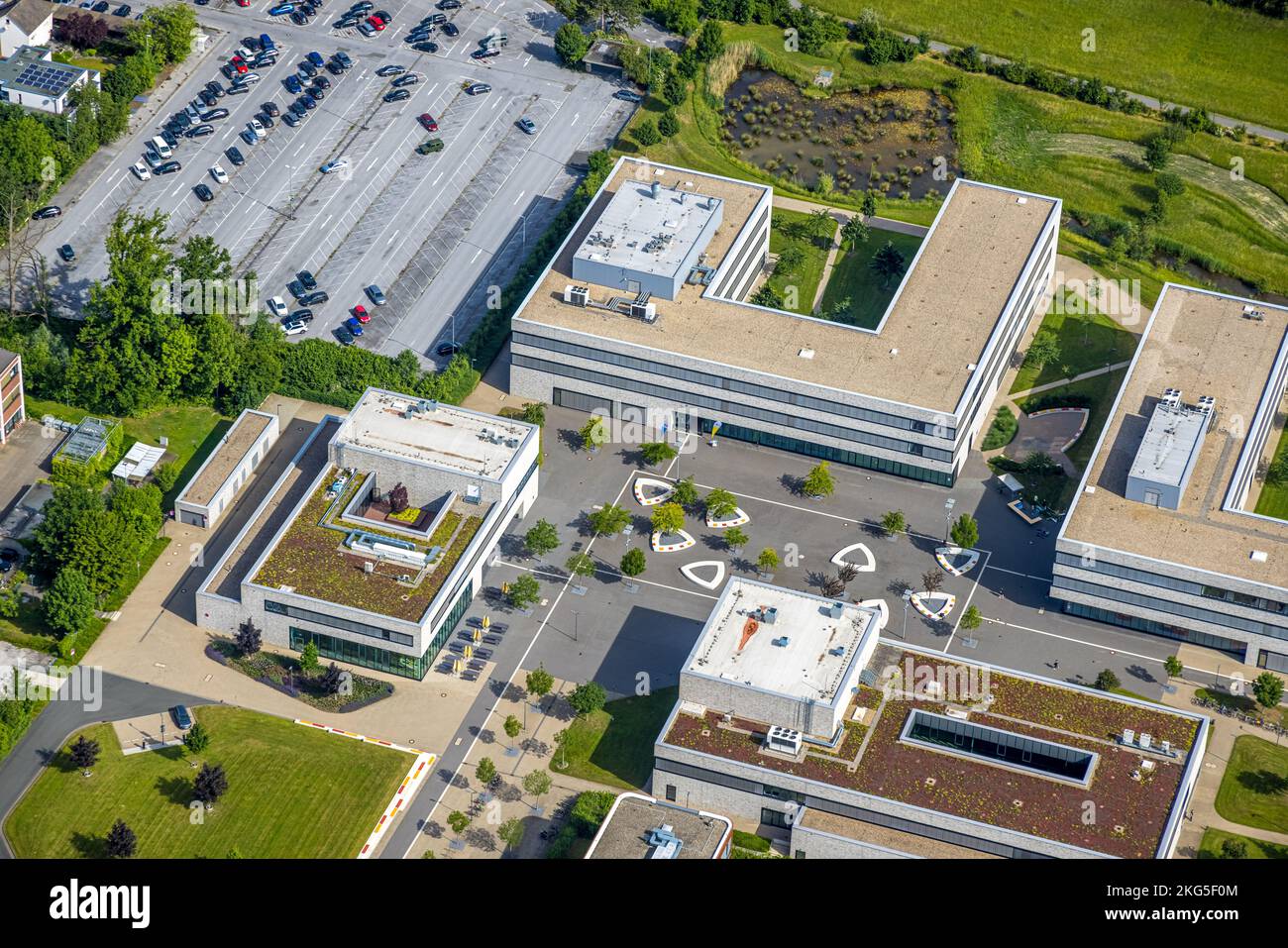 Veduta aerea, Università di Scienze applicate di Hamm-Lippstadt, HSHL, Campus Lippstadt, edificio L4 e L1, Mensa Atrium, Lippstadt, Soester Börde, North R. Foto Stock