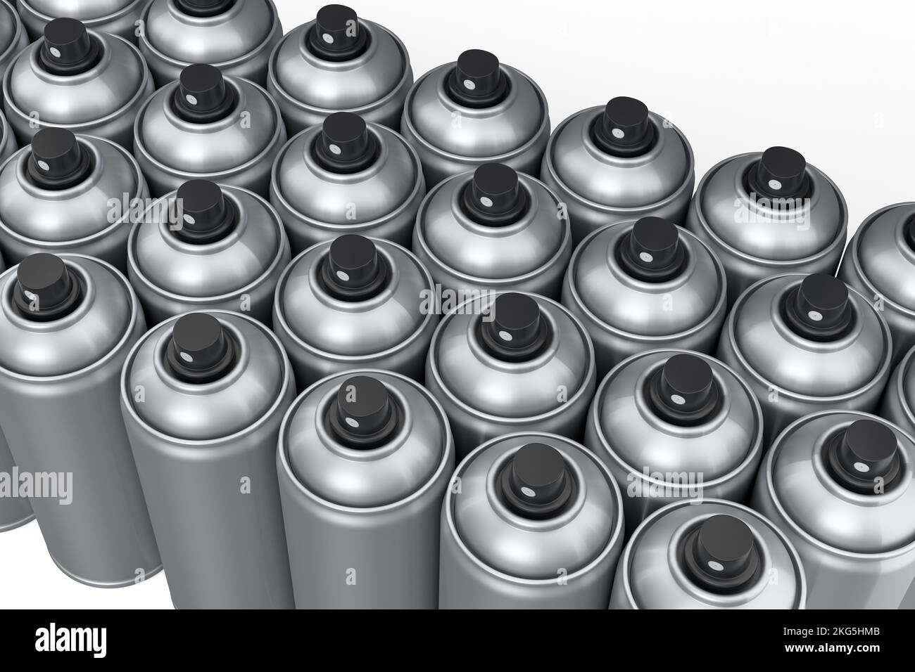 Set di lattine di vernice spray in fila su sfondo bianco. Flacone spray e dispenser Foto Stock