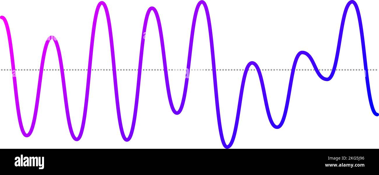 Onda sonora con curva viola. Segnale audio vocale o musicale. Linea sinusoidale. Immagine elettronica della radio. Illustrazione Vettoriale