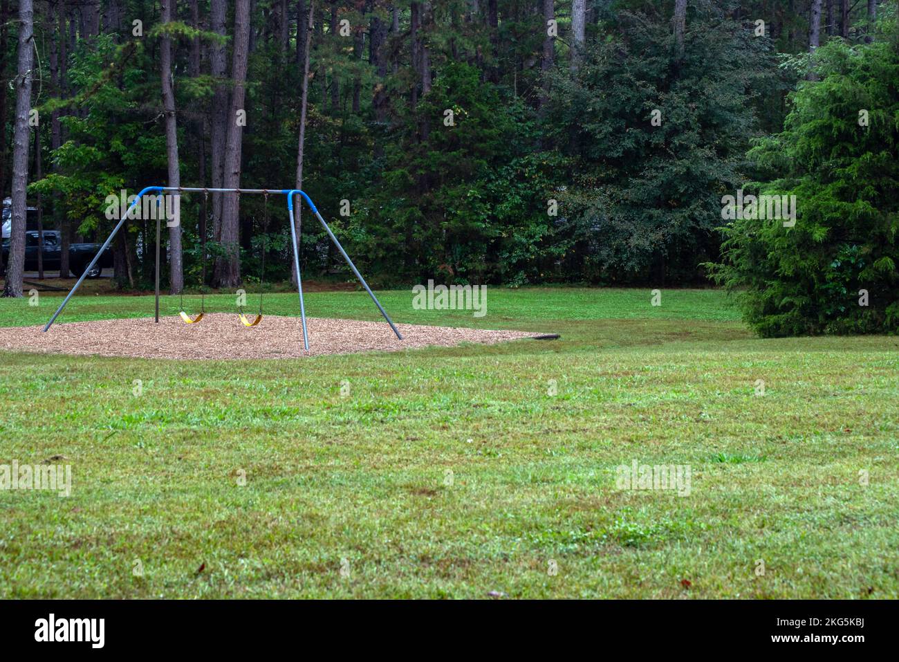Un set di altalene si siede vuoto in un pomeriggio caldo nei campi dell'Arkansas. Il rigoglioso parco alberato e con erba verde è tranquillo e invitante. Il chil Foto Stock