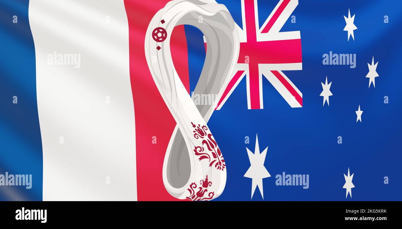 Rappresentazione della bandiera delle squadre nazionali di calcio Francia vs Australia a FIFA 2022 in Qatar. Bandiera in via di sviluppo delle squadre della Coppa del mondo. Foto Stock
