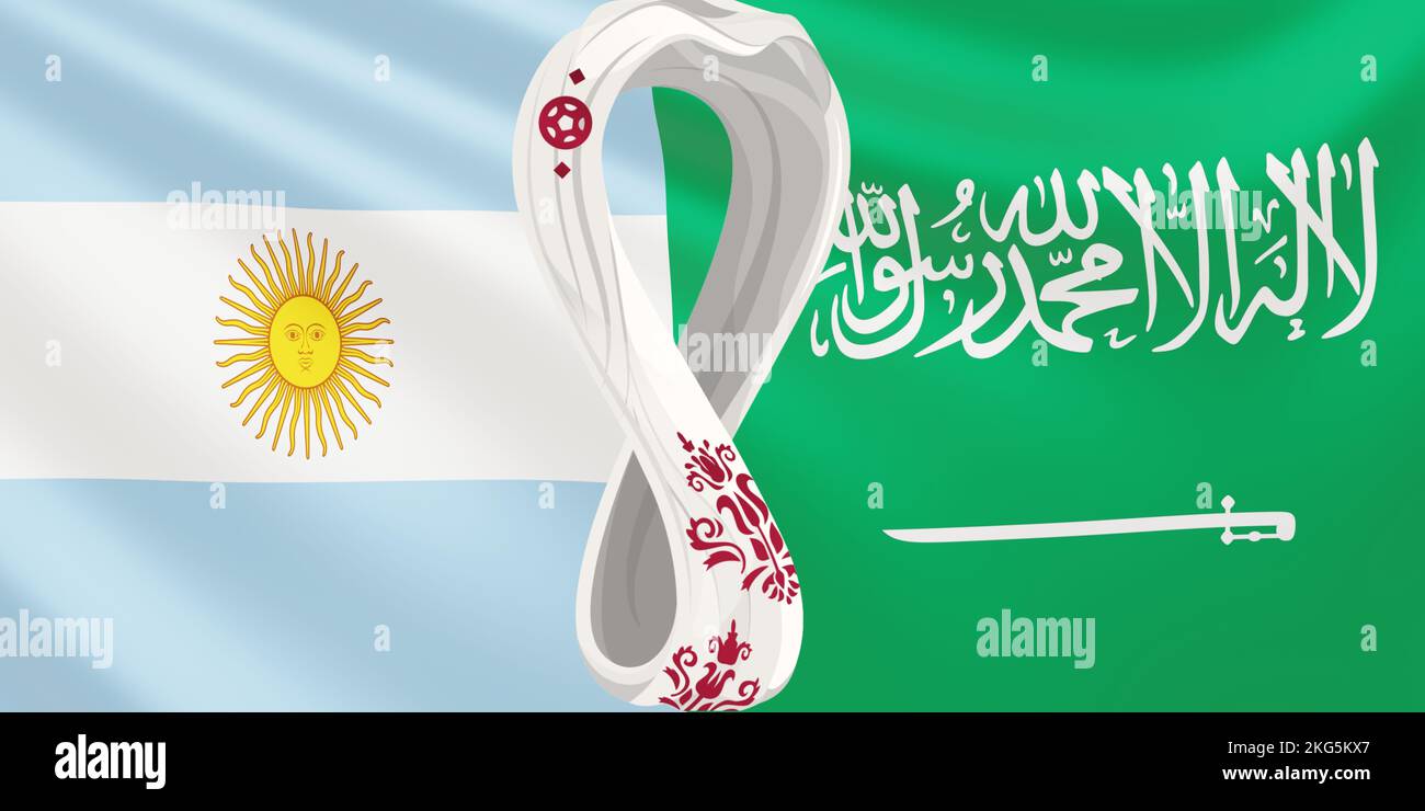Resa della bandiera delle squadre nazionali di calcio Argentina vs Arabia Saudita a FIFA 2022 in Qatar. 7000x3500. Bandiera in via di sviluppo delle squadre del Foto Stock