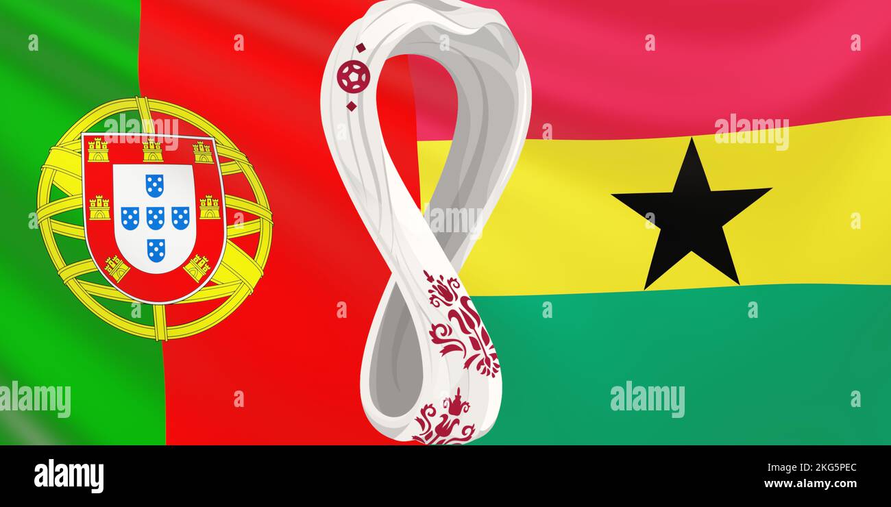 Rappresentazione della bandiera delle squadre nazionali di calcio Portogallo vs Ghana a FIFA 2022 in Qatar. 7000x3500. Bandiera in via di sviluppo delle squadre della Coppa del mondo. Foto Stock