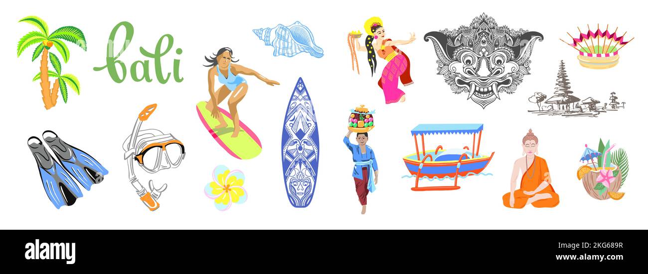 Set di simboli Bali Travel - religione, surf e snorkeling sull'isola vettore illustrazione Illustrazione Vettoriale