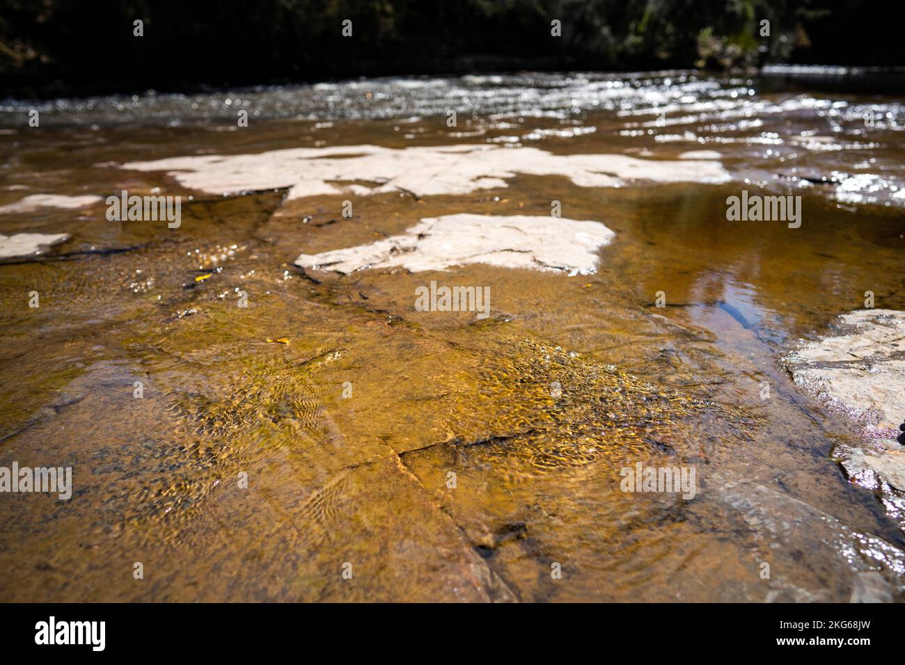 rocce rosse in un flusso di acqua tannica in australia Foto Stock