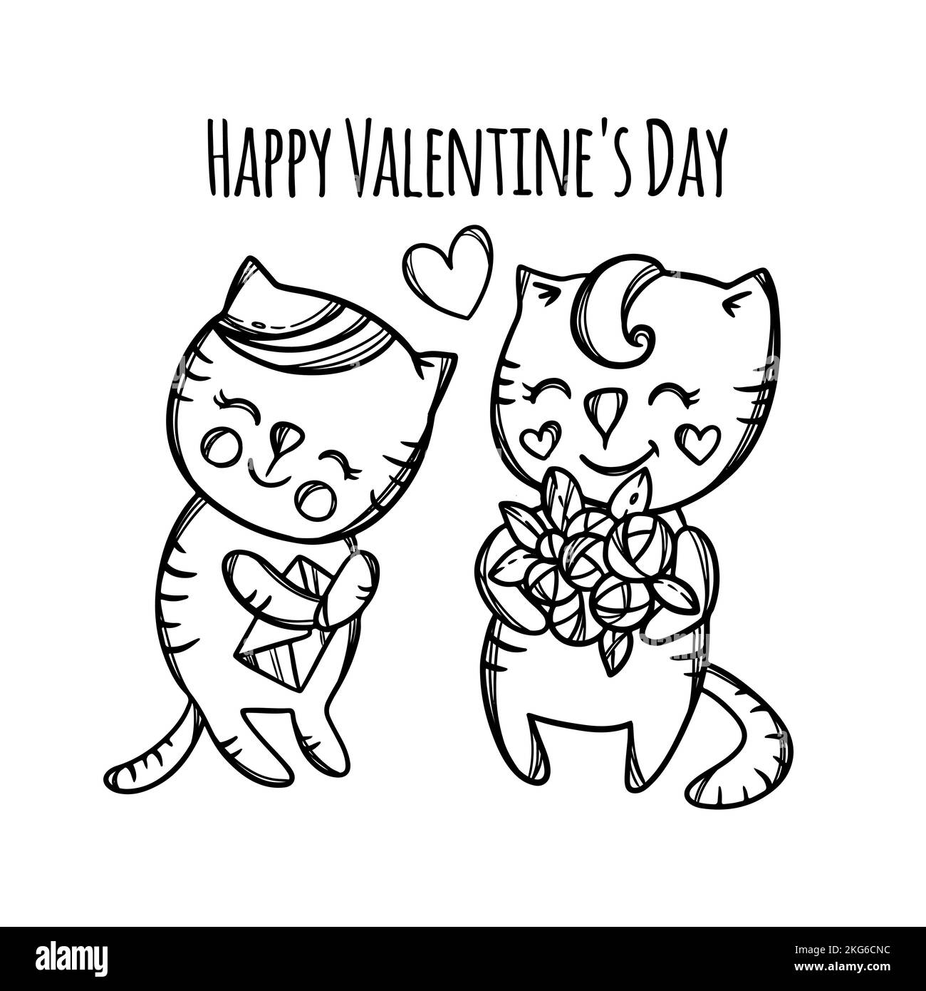 CAT DÀ FIORI al suo amato Kitty che è confuso giorno degli amanti San Valentino Cartoon animali monocromatico disegnato a mano clip Art Vector Illustration per Illustrazione Vettoriale