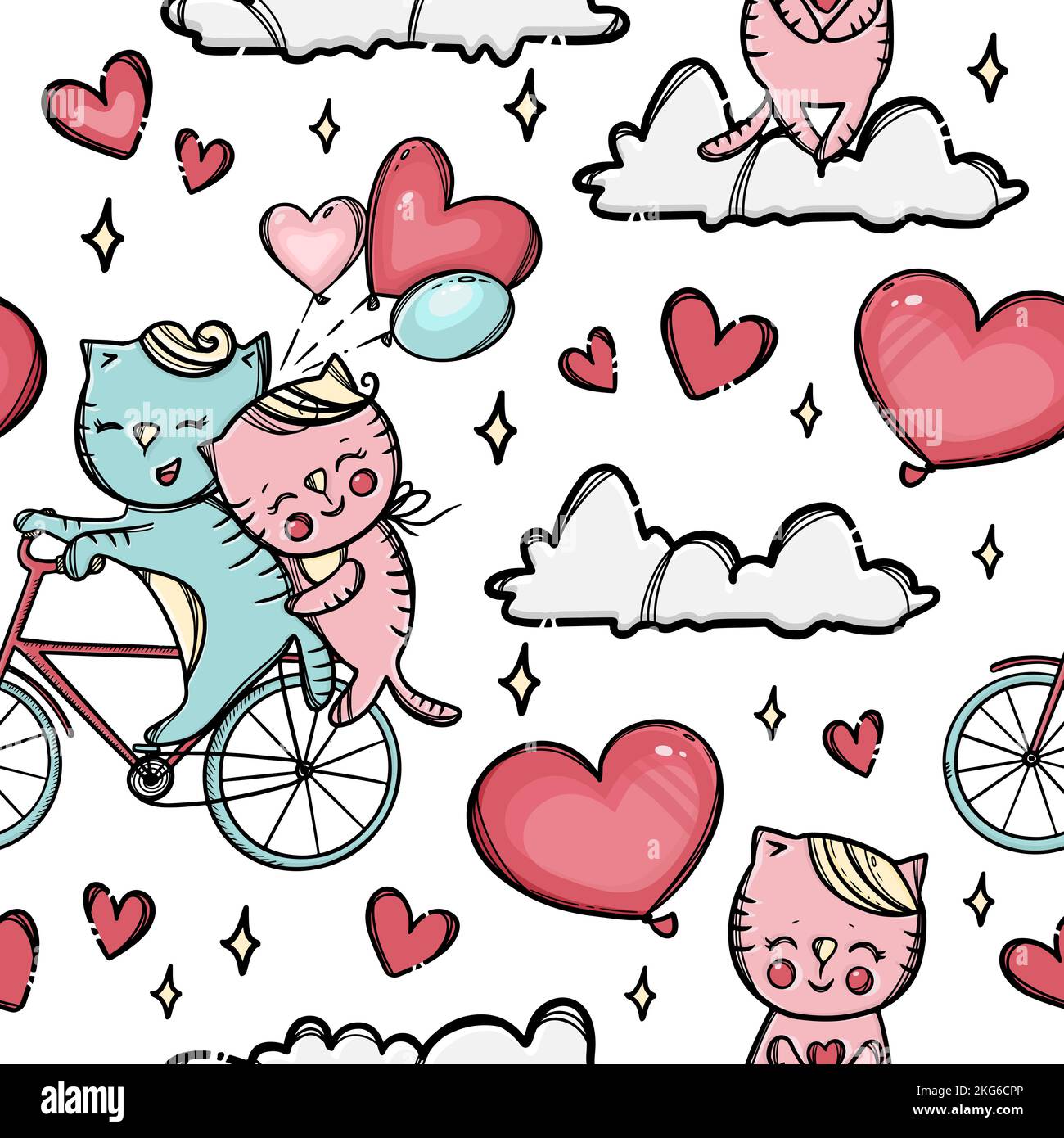 GATTO IN BICICLETTA Pussycat abbraccia il suo amante che la rotola sulla nuvola San Valentino Cartoon animali disegnati a mano senza cuciture modello Vector Illustration per PRI Illustrazione Vettoriale