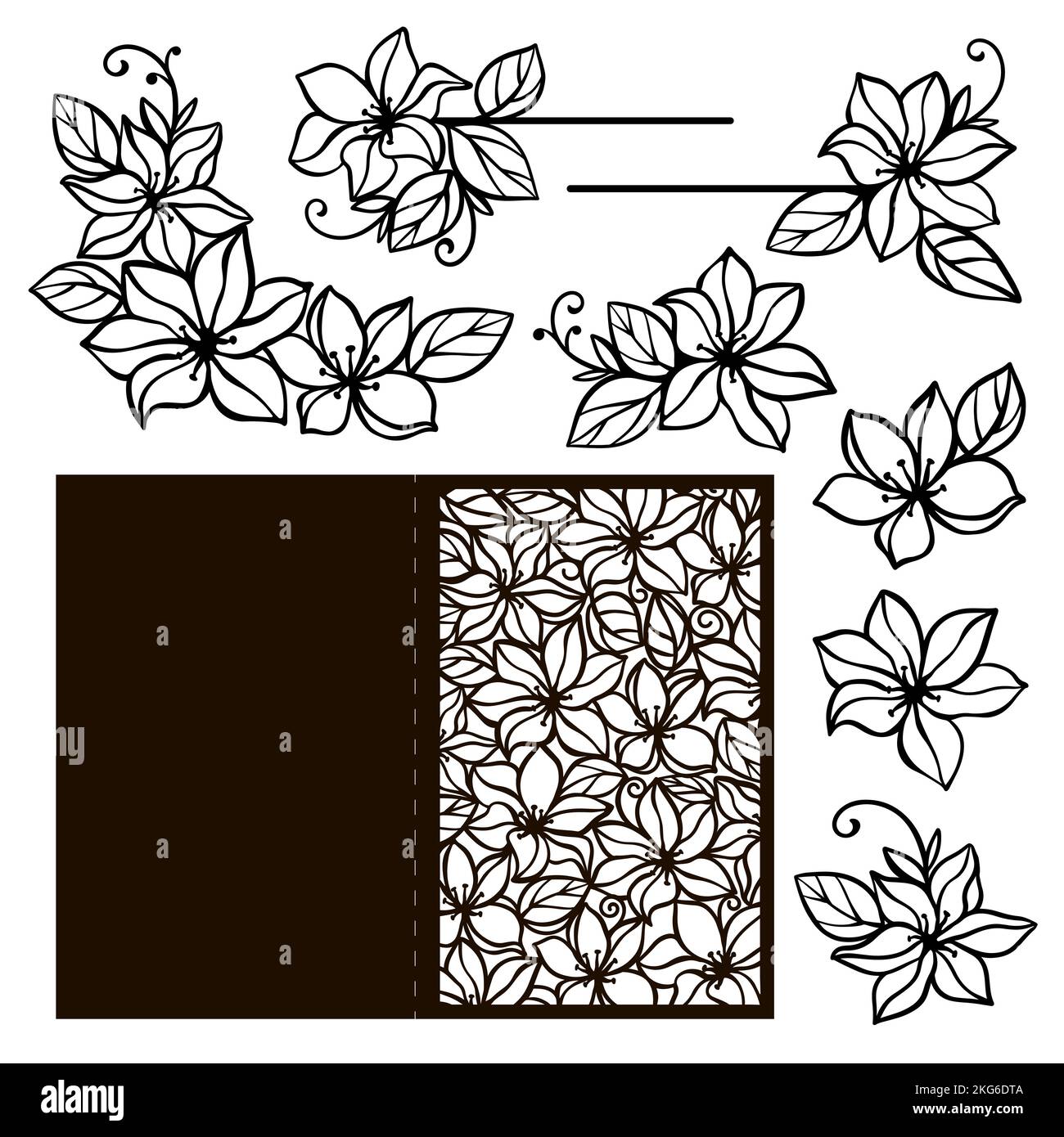 CLEMATIS CARD FLOWERS Monochrome Collezione di fiori e biglietti d'auguri contorni per tagliare e stampare Cartoon Clipart Vector illu Illustrazione Vettoriale