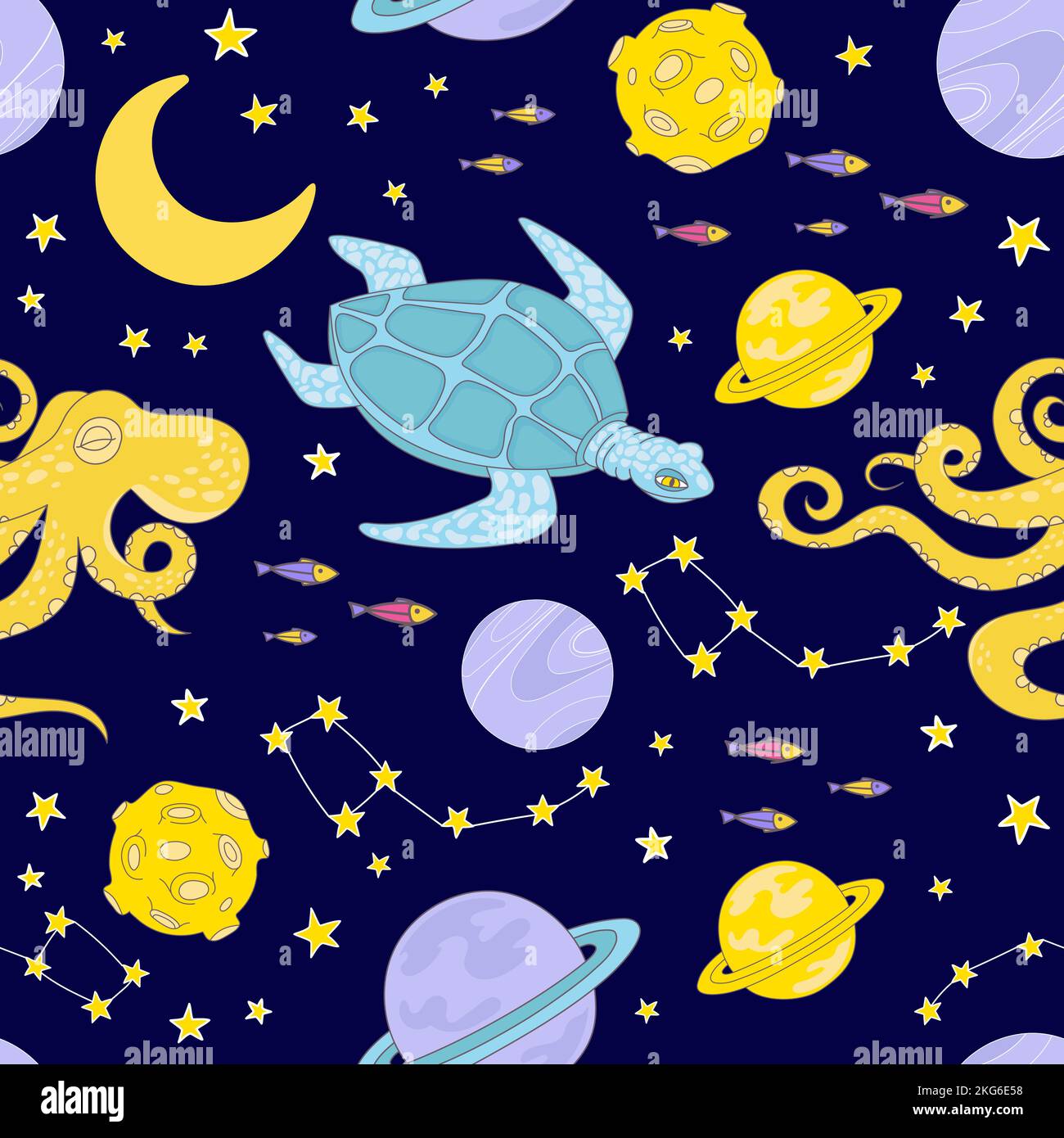 COSTELLAZIONE spazio animale Cartoon pianeta Cosmo universo Galattico viaggio viaggio senza cuciture modello Vector Illustration for Print Illustrazione Vettoriale