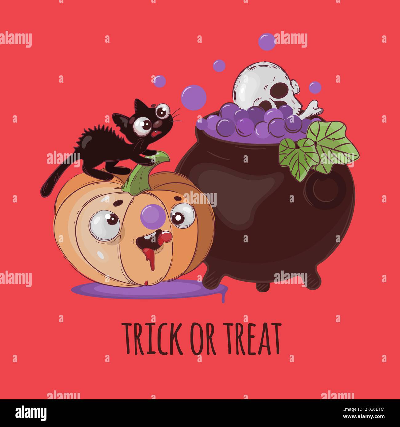 PAZZO CAT Halloween zucca animale Funny Flat Design Cartoon disegnata a mano Vector Illustration Set per la stampa Illustrazione Vettoriale