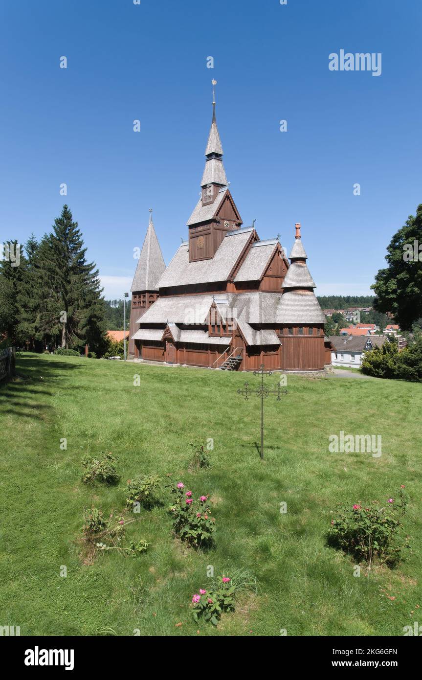 La famosa chiesa in legno di Stave, Hahnenklee, Harz Mountains, Germania Foto Stock