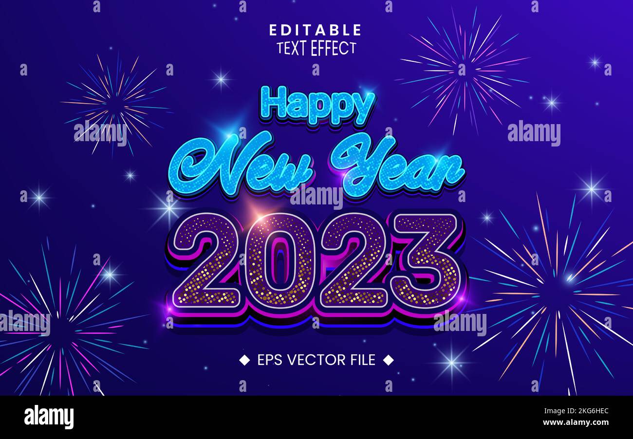 Buon anno 2023 effetto testo al neon modificabile con mezzitoni colorati scintillanti, fuochi d'artificio, stelle Illustrazione Vettoriale