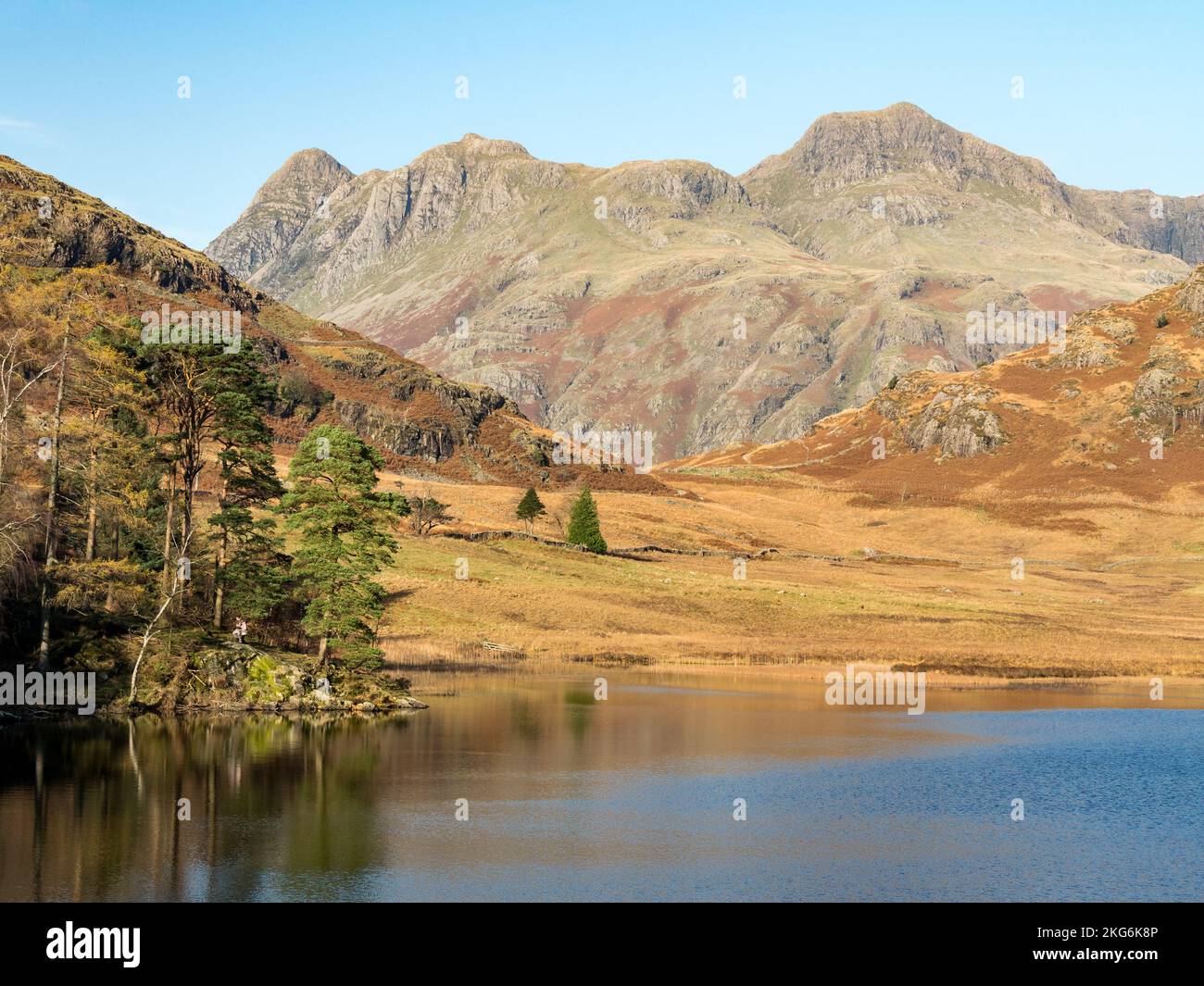 Il Tarn di blea e le montagne di Langdale Pikes nel distretto inglese del lago in autunno, Cumbria, Inghilterra, Regno Unito Foto Stock