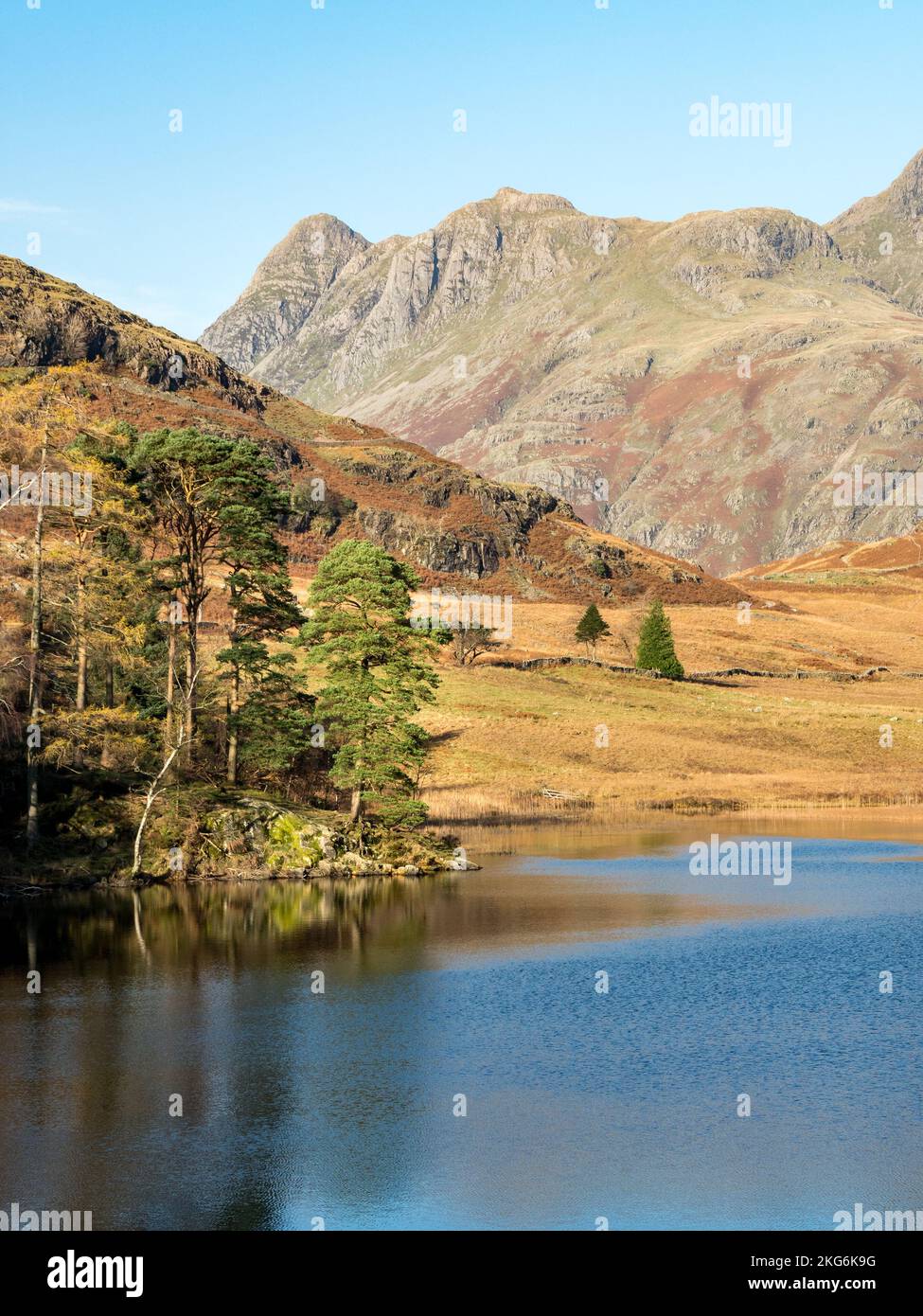 Il Tarn di blea e le montagne di Langdale Pikes nel distretto inglese del lago in autunno, Cumbria, Inghilterra, Regno Unito Foto Stock