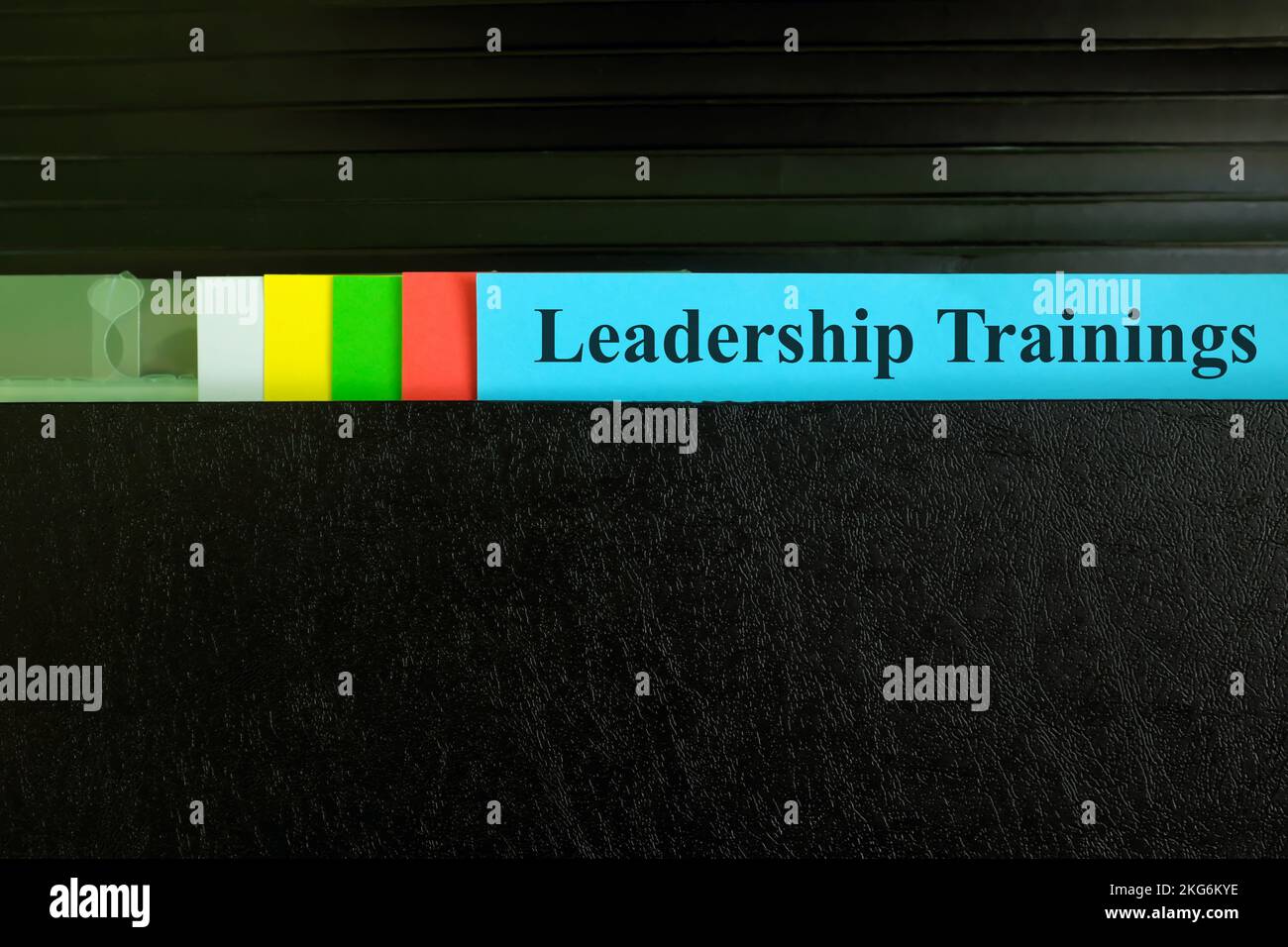 File del corso di formazione per la leadership di selezione manuale in una cartella nera per raccoglitori. Concetto di risorse umane. Foto Stock