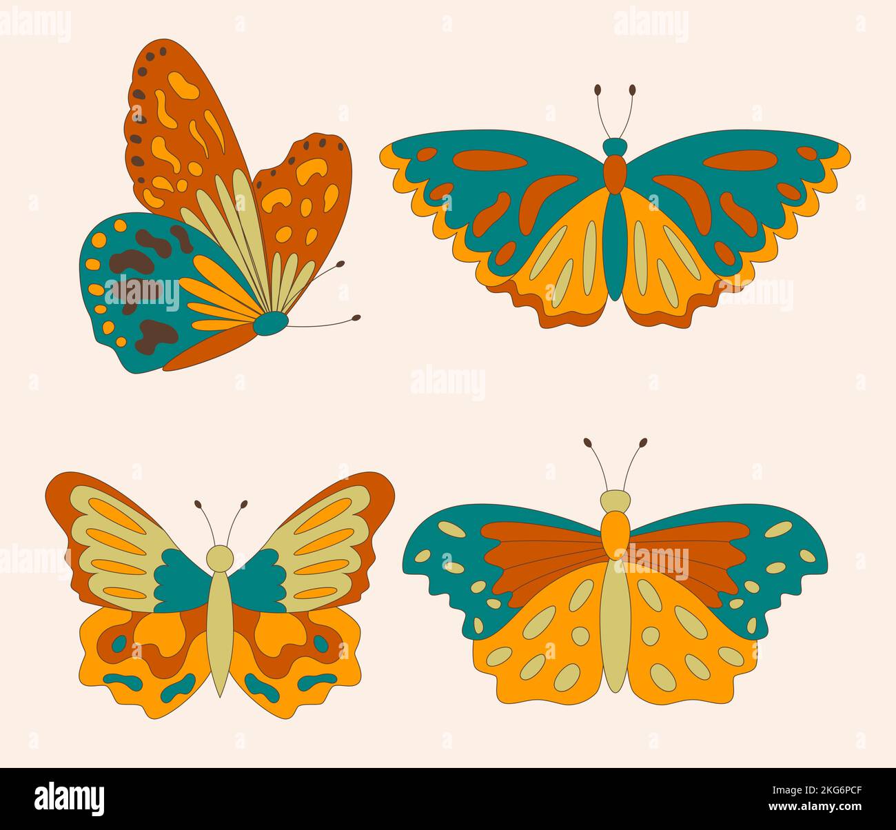Set di retrò 60s 70s farfalle groovy hippie per carte, adesivi o poster design. Illustrazione del vettore piatto Illustrazione Vettoriale