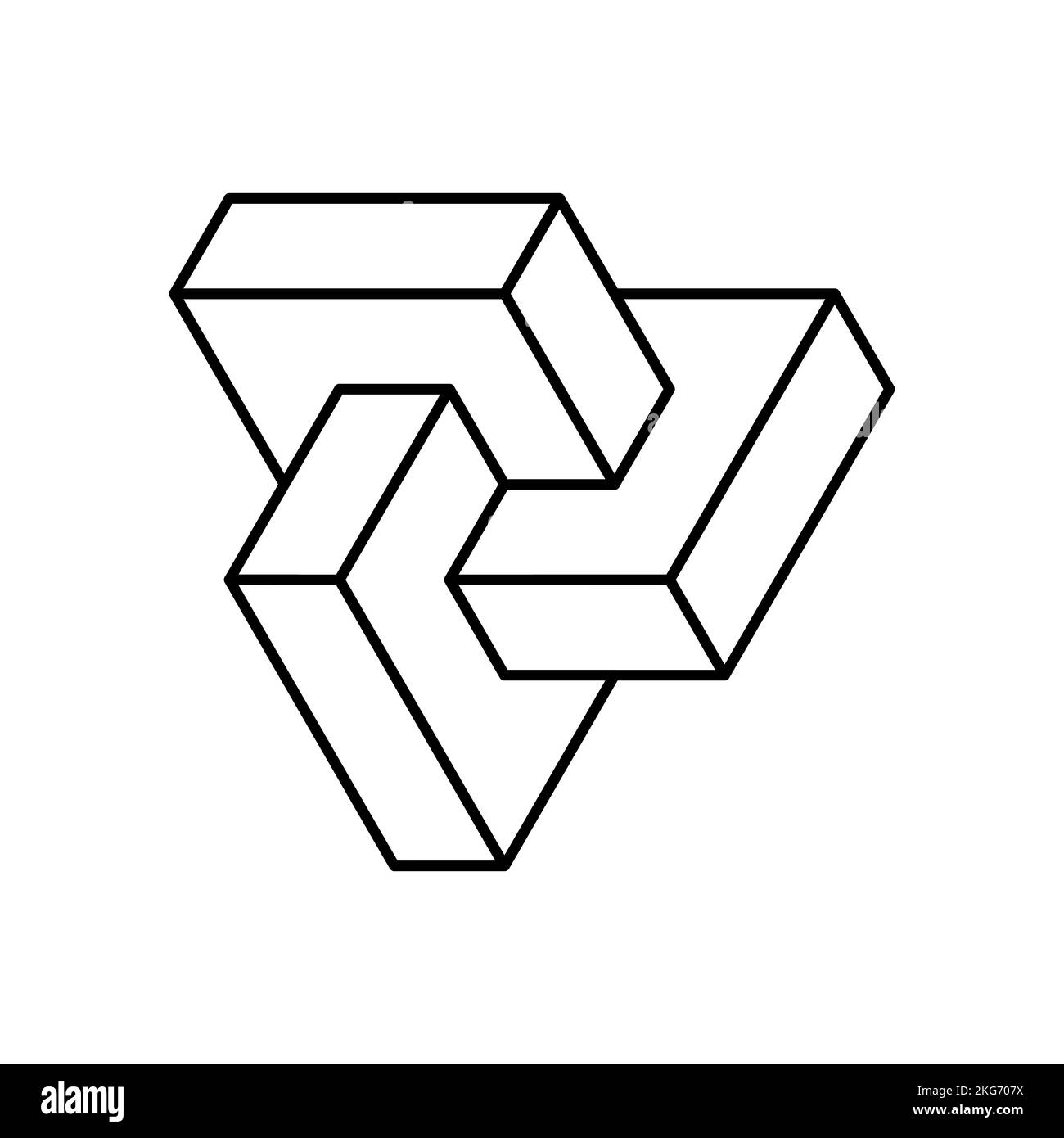 Logo Linear 3D. Simbolo di unità a tre elementi. Forma impossibile fatta di tre mattoni. Segno di Esher impossibile. I rettangoli creano un'Unione connessa. Vettore Illustrazione Vettoriale