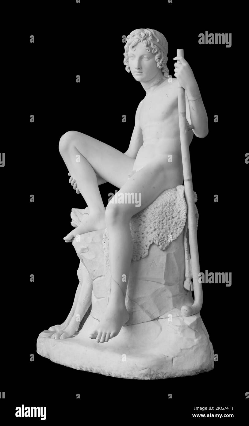 Antica statua. Scultura del Pastore di Bertel Thorvaldsen nel Museo statale dell'Eremo. Foto isolata con tracciato di ritaglio Foto Stock